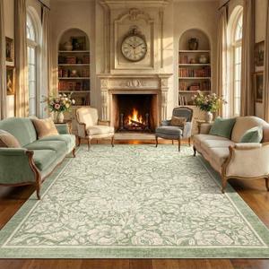 Garvee sage Green Washable Rugs for Living Room Floral Vintage 8x10 Area Rug for Bedroom Boho Flower Soft Girls Room Rug Non-Slip Kids Rug for Nursery playroom Dining Room Dorm Baby Room Decor