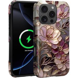 DAIZAG Magnetic Case for iPhone 16 Pro Max,Romantic Floral Stained Glass Full-Body Design,Compatible with MagSafe Upgrade Hybrid Dual Protection Soft TPU Hard PC,Scratch proof Phone Case for Men Women