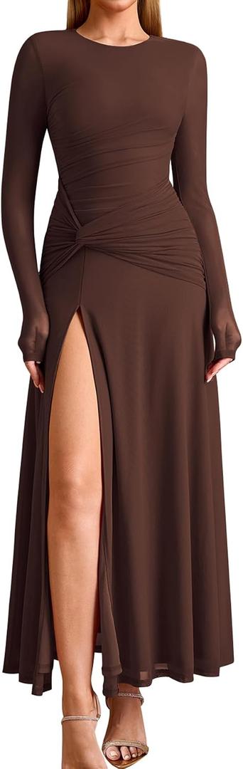 KUTUMAI Long Sleeve Slit Formal Dresses for Women 2025 Fall Wedding Guest Cocktail Party Modest Ruched Maxi Dress, Large