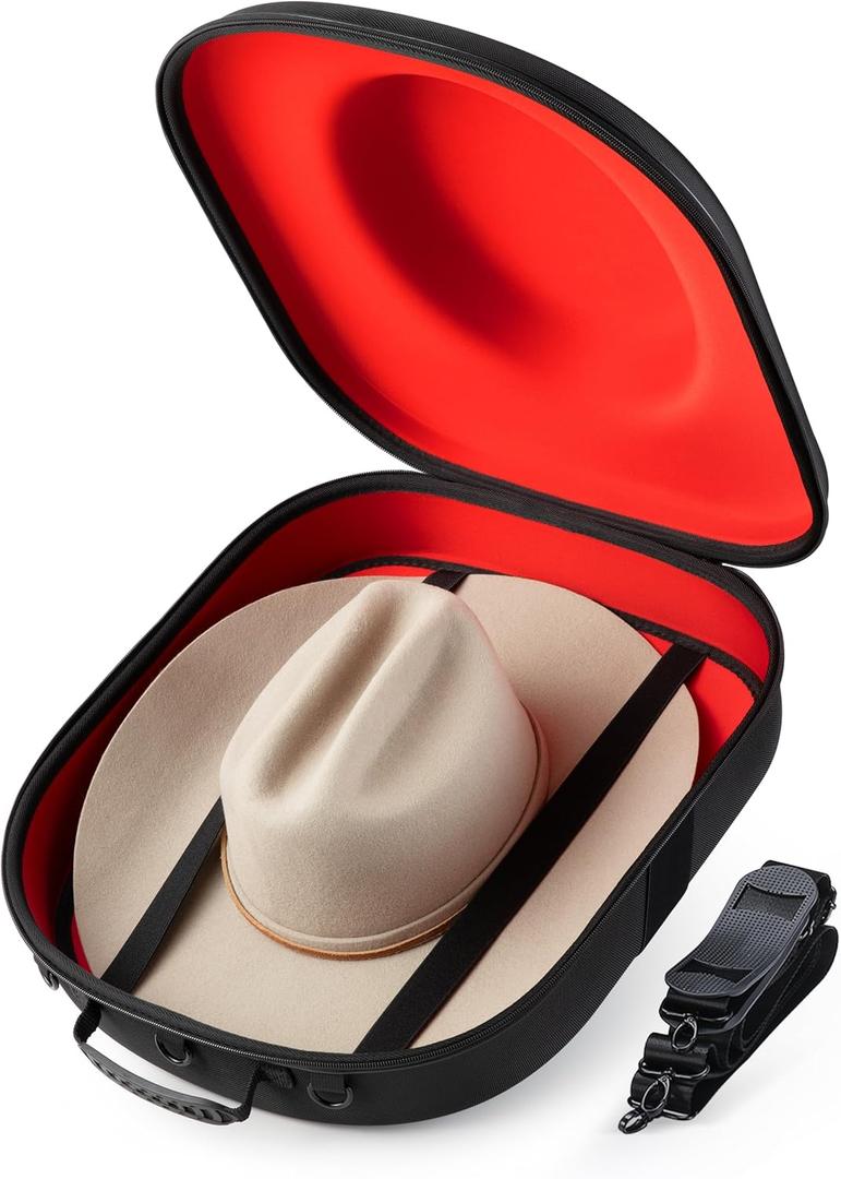 Cowboy Hat Travel Case  Crushproof Carrier for Cowboy, Panama & Tweed Hats with Carrying Handle, Shoulder and Luggage Strap, For Travel and At-Home Storage (Large) (Red)