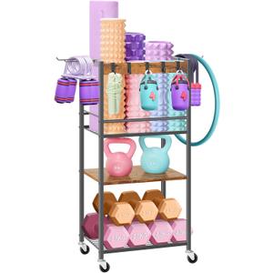 Home Gym Storage Rack, Heavy Duty Yoga Mat Holder Workout Equipment Storage Organizer Weight Rack with Hooks & Wheels for Dumbbells Kettlebells Dumbbell Yoga Block Foam Rollers Yoga Strap Resistance Bands, Fitness Exercise Equipment (Brown)