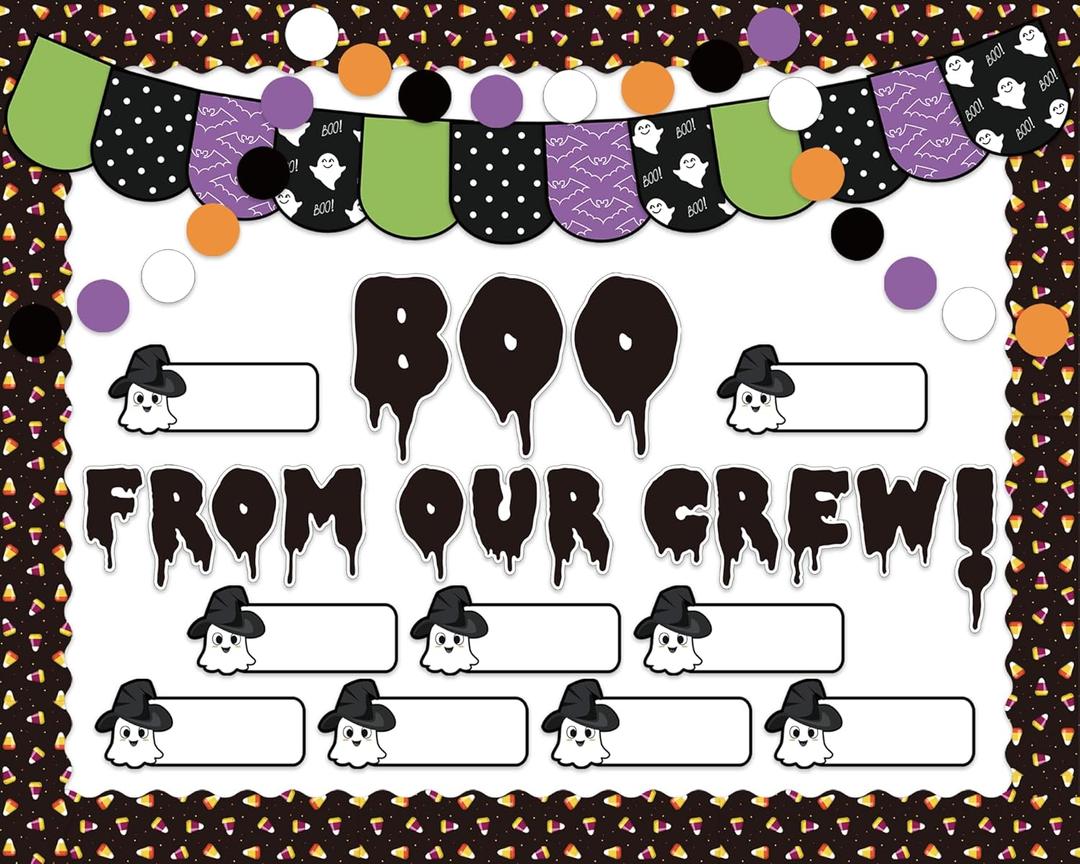 3 x 4Ft DIY Halloween Bulletin Board Decorations Ghosts Cutouts Boo from Our Crew with 100 Glue Point Dots for Bulletin Board Classroom Decoration School Home Holiday Party Decor