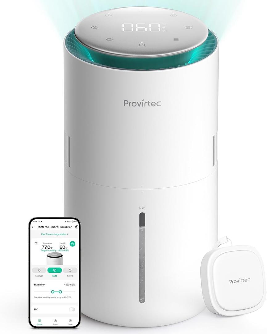 Provirtec MistFree Smart Humidifier for Bedroom, Evaporative Humidifier No White Dust, Auto Humidity & APP Control, 3L Water Tank Easy to Clean, Sleep Mode, Timing, Humidifiers for Home/Office(White)