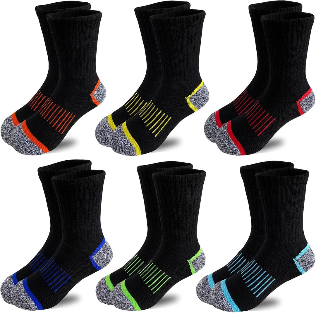 JAMEGIO 6 Pairs Boys' Cotton Crew Socks,Sock for Boys Age 3-10,Comfortable Stretch Cushioned Athletic Socks (Black)