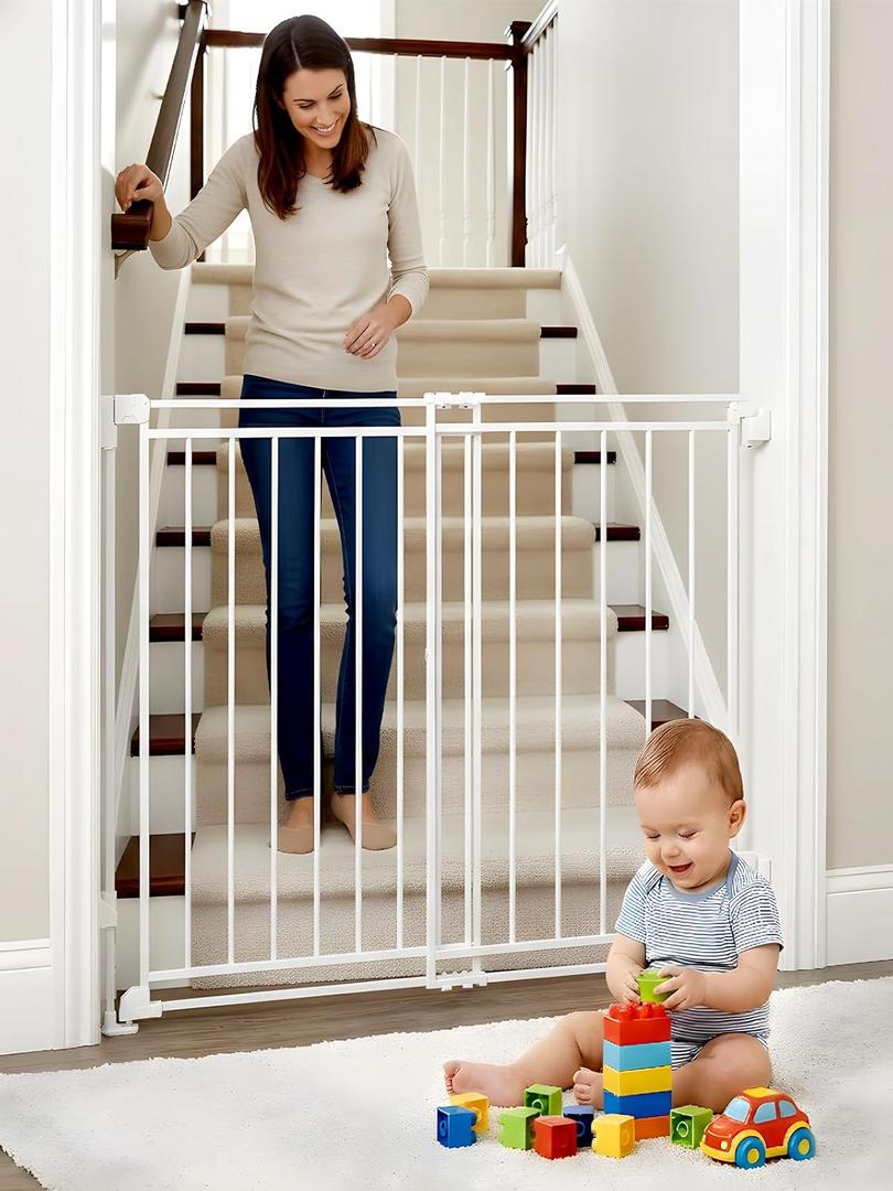 Baby Gate for Stairs Doorways & Kitchen, Extra Wide 32"-54" W x39 H Extra Tall, No Bottom Bar Dog Gate, One-Handed Auto-Close, Hardware Mount Safety Gate for Dogs & Toddlers, White