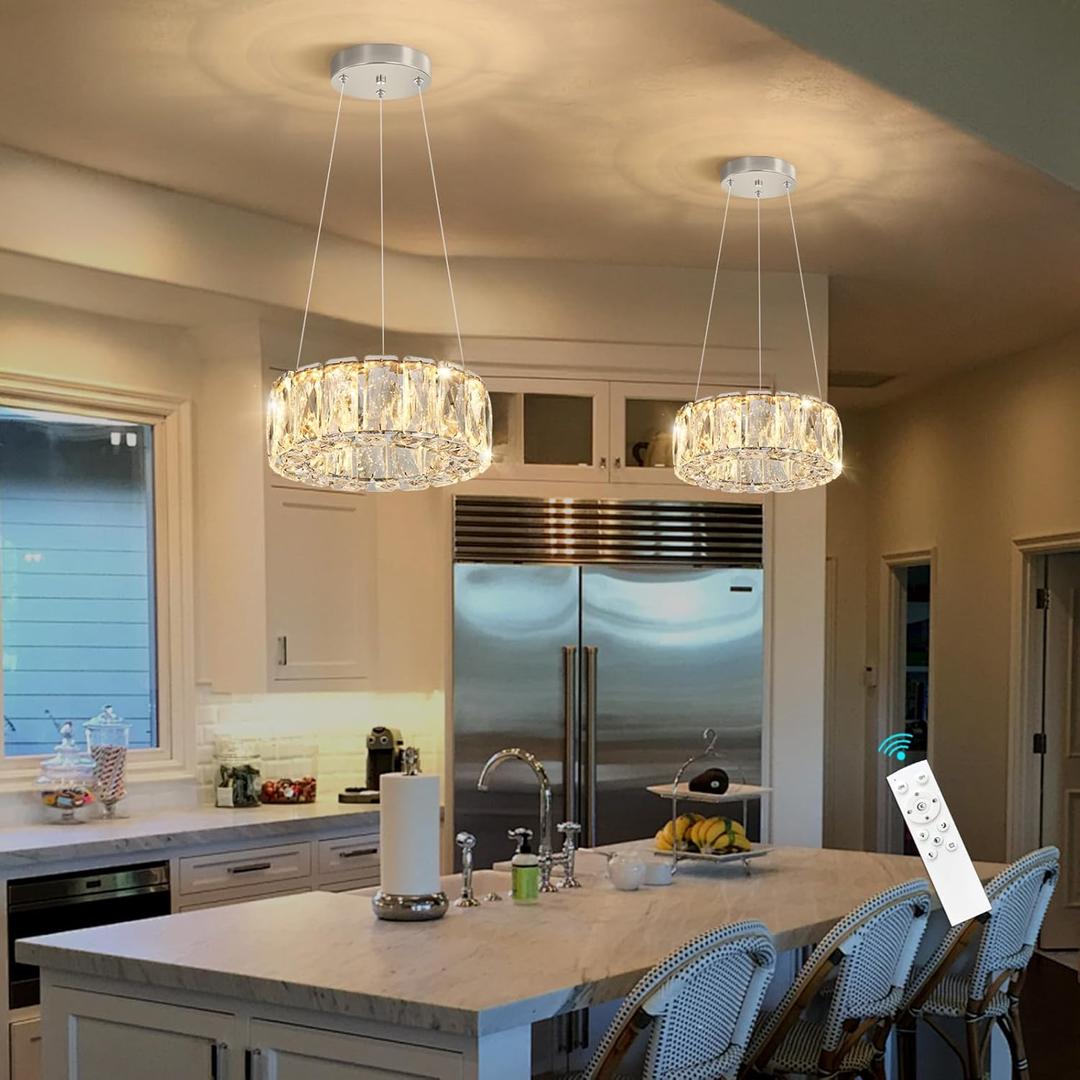 HAIXIANG Modern Crystal Chandelier Dimmable LED 8 Inch Ring Pendant Lights Adjustable Glam Chandeliers Lighting Fixtures for Dining Room Living Room Bedroom Silver Light