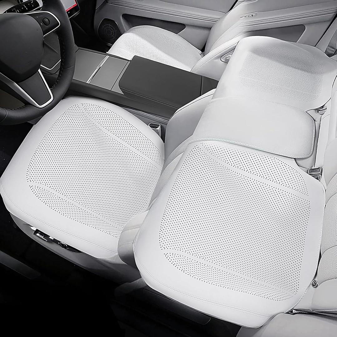 3 Packs Nappa Leather Front & Rear Seat Covers for Tesla Model Y/3 Highland/Juniper 2025 2026 Interior Accessories, Breathable All-Season Non-Slip Bottom Seat Protectors Cushion (White)