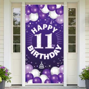 Happy 11th Birthday Decorations for Girls, Purple Fabric Banner Backdrop for 11 Year Old Birthday Party, Yard Sign Style Door Decor, Photo Backdrop for Indoor or Outdoor Use PHXEY
