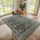 Washable 6x9 Area Rugs for Living Room, Boho Non-Slip Vintage Distress Large Rugs for Bedroom Dining Room Nursery Office, 0.3" Neutral Oriental Throw Thin Carpet, Sage Green/Multi, E1