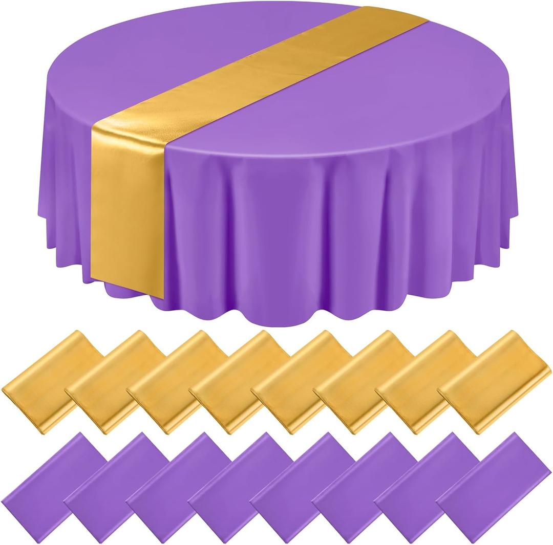 Tudomro 16 Pcs Purple and Gold Round Plastic Tablecloth and Satin Table Runner Set 84 Inch Round Covers 12 x 108 Inch Table Runners for Christmas Wedding Birthday Party Baby Shower