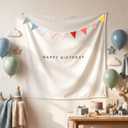 Gilprop Boho Happy Birthday Tapestry Decoration Set 59x59'' White Fabric Backdrop with Colorful Triangular Bunting and Happy Birthday Sign Reusable Customizable Decor for Party Wall Porch(Multicolor)