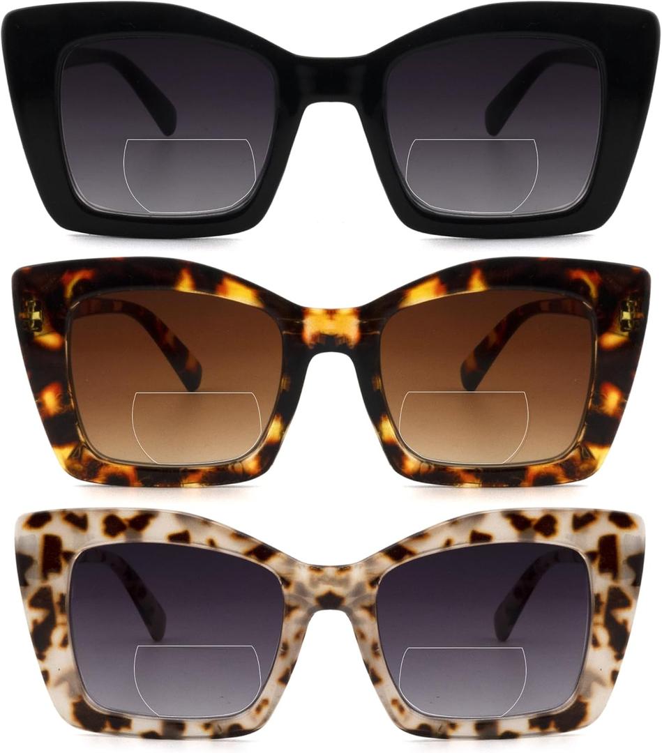 Oversized Square Bifocal Reading Sunglasses Oprah Style Bi-focal Sunglasses Reader Large Dual Focal Sun Readers (Black+tortoiseshell+light Tortoiseshell)