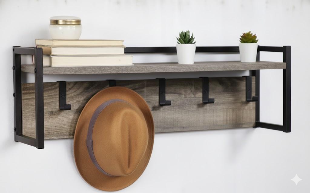 ADDISON Wall Shelf With Hooks 10.24In H x 31.89In W x 7.87In D