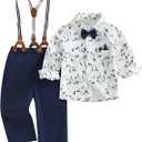 fhutpw Toddler Boy Clothes Suit Formal Dress Shirt with Bowtie & Suspender Pants Kids Gentleman 3pcs Wedding Outfits 2-3T