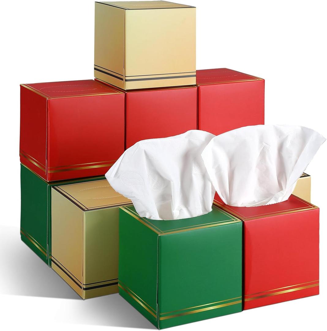 Fourluoo 12 Pack Facial Tissues Cube Boxes Face Box 600 Sheets 3 Ply Soft Paper Square Tissues Bulk for Car Pocket Toilet Household Bedroom Family(Red Green Gold)