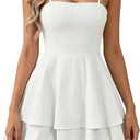 Womens Sleeveless Spaghetti Strap Layered Ruffle Mini Dress Square Neck Flowy A-Line Cocktail Party Dress (White, S)