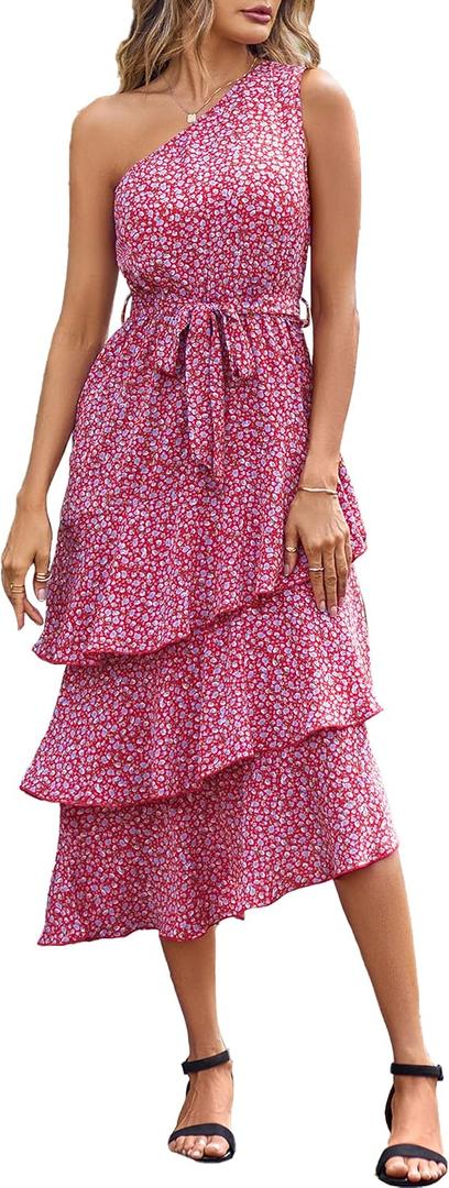 PRETTYGARDEN Women's Summer Floral Sundress Casual One Shoulder Tiered Ruffle Flowy Midi Beach Boho Dresses (M)