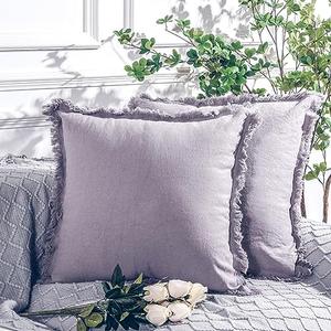 Miulee Pillow Covers for Couch Set of 2 20"x20", Handmade Decorative Linen Pillow Covers for Bed, Sofa, Living Room, Farmhouse Fringed Cushion Covers, Grey
