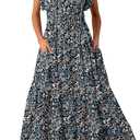 BLENCOT Womens Cotton Floral Maxi Dresses Casual Flowy Boho Dresses Summer Ruffle Short Sleeve V Neck Dress with Pockets, M
