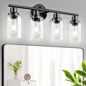 4-Light Black Bathroom Light Fixtures, E26 Modern Vanity Lights for Bathroom with Clear Glass Shade, Wall Lamps for Mirror Hallway Kitchen Cabinet Living Room Sconces Lights