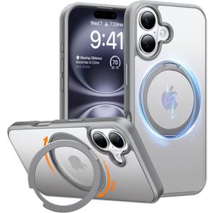 TORRAS 360 Magnetic Stand for iPhone 16 Case, [Compatible with MagSafe] [Rotatable Flexible Kickstand], 16ft Mil-Grade Shockproof Protection Versatile Ring Holder, Anti-Scratch & Gray 6.1"