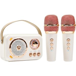 Retro Bluetooth Karaoke Speaker with Dual Wireless Microphones - Portable Rechargeable 1200mAh Battery, 10W HD Sound & 6 Voice Modes for Home Parties, Kids Gifts, Travel, Car Singing(White)