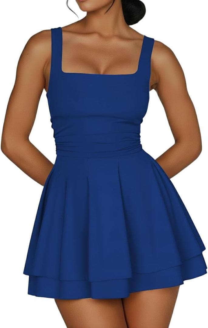 Women's Square Neck Ruffle Hem Mini Dress Ruched Waist Corset Short Party Dresses (Blue, S)