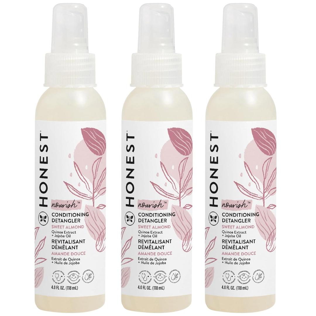 The Honest Company Conditioning Hair Detangler 3-Pack | Leave-in Conditioner + Fortifying Spray | Tear-free, Cruelty-Free, Hypoallergenic | Almond Nourishing, 4 fl oz each (pack of 3)