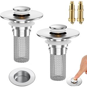 2PCS Bathroom Sink Stopper Strainer, Pop-Up Bathroom Sink Drain Strainer with Removable Stainless Steel Hair Catcher Basket, Universal Fit for US Bathroom Sinks, Bathtubs, Showers & Floor Drains