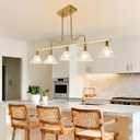 Vintage Chandelier Light, 5-Light Brass Pendant Lights Kitchen Island Lighting with Flower Glass Shade, Ceiling Hanging Light Farmhouse Chandeliers for Dining Room