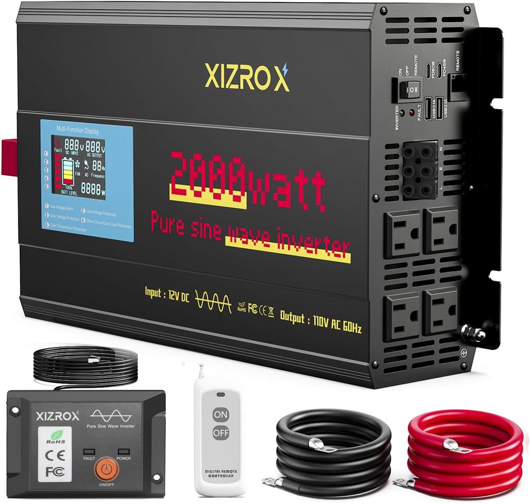 2000W Pure Sine Wave Inverter, 12V DC to 110/120V AC, 9-Port Power Inverter with 4 AC Outlets, 2 USB, 2 Type-C (60W+45W Fast Charging), LED Display, Wireless/Wired Remote for RV, Camping, Outdoor