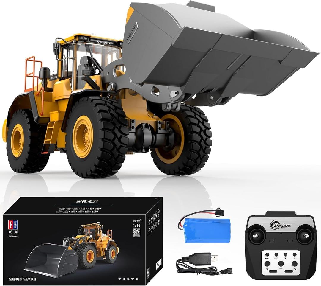 DOUBLE E Hobby Volvo L260H Remote Control Wheel Loader - 1:16 Alloy 4WD RC Construction Toy with 780ML Screw-Drive Bucket & Simulation Sound/Lights