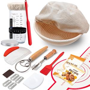 Complete Sourdough Starter Kit, Banneton Bread Proofing Basket with Glass Sourdough Starter Jar, Sourdough Bread Baking Supplies, 9'' Round Bread Proofing Basket, for Bread Making Baking Fermentation