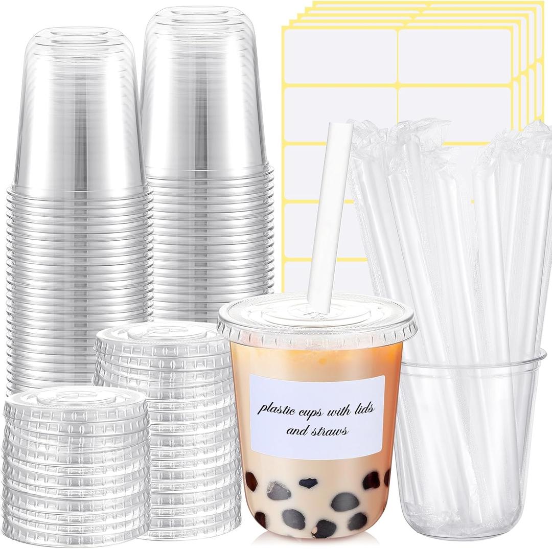 25 Sets Crystal Plastic Clear Cups with Lids, Straws and Stickers, Disposable Iced Coffee Cups Thickened PET for Iced Coffee, Bubble BobaTea, Smoothie, Cold Drinks, Juice, Shops (14 oz)