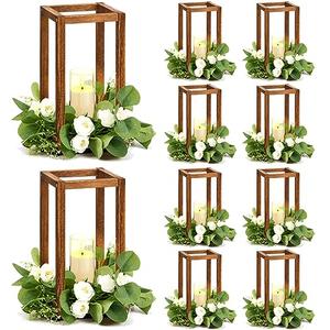 Sabary 10 Sets/ 20 Pcs Wooden Lantern Candle Holders with Candles for Wedding Decoration Vintage Table Centerpiece Farmhouse Rustic Candle Lantern for Indoor Fireplace Dining Party Decor (Caramel)