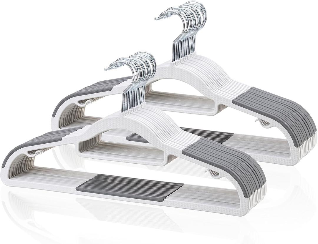 Pack of 30 Clothes Hangers, Space Saving Plastic Hangers, Non-Slip, 0.2 Inches Slim, 360 Swivel Silver Hook for Shirts, Pants & Wet/Dry Garments, White and Dark Gray