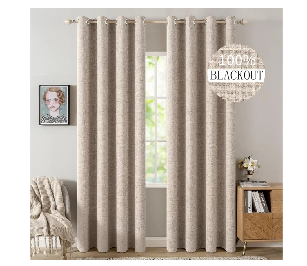 MIULEE 100% Blackout Linen Textured Curtains for Bedroom Solid Thermal Insulated Natural Beige Grommet Room Darkening Curtains & Drapes Luxury Decor for Living Room Nursery 52 x 84 Inch (2 Panels)