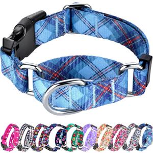 Hikiko Dog Collar for Small Medium Large Dogs, Adjustable Nylon Martingale Collars with Quick Release Buckle (Blue Plaid,L)