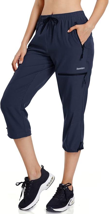 Ksmien Women's Lightweight Hiking Capri Pants Quick Dry Workout Cargo Capris Water Resistant UPF 50+ Zipped Pockets Capri-navy Large