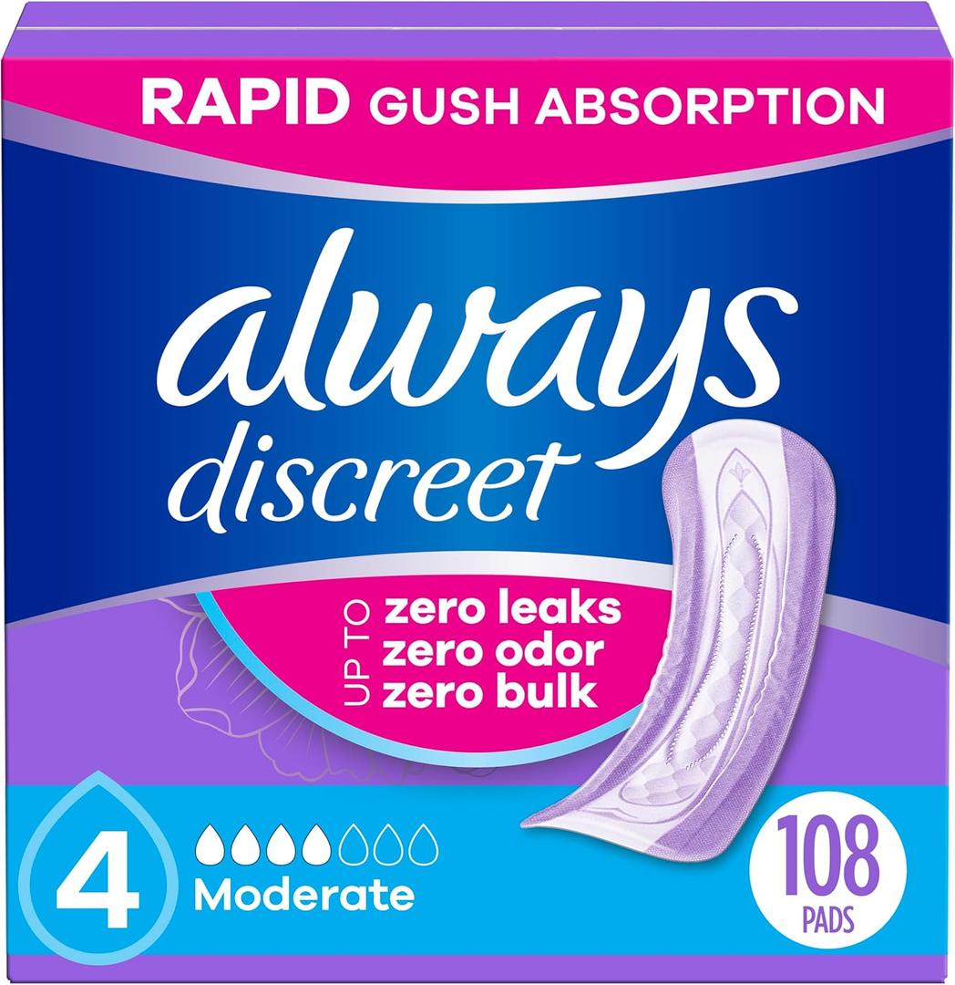 Always Discreet Adult Incontinence Pads for Women, Drier vs Poise, 4 Drop Regular Length, Moderate Absorbency, Pads for Bladder Control Management, Bladder Leaks, & Postpartum Pads, 108ct