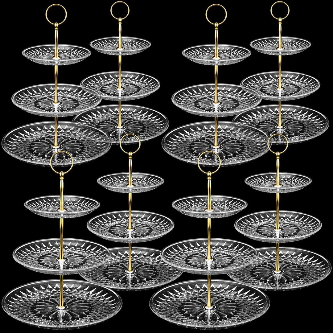 Patelai 8 Packs 3 Tier Crystal Acrylic Clear Cake Stand with Gold Round Holder Acrylic Cupcake Stand Holder for Home Wedding Holiday Birthday Baby Shower Tea Party (Clear)
