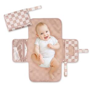 Tiny Twinkle Portable Diaper Changing Pad-Foldable Waterproof Changing Mat&Portable Changing Pad for Travel,Baby Changing Station with Smart Wipes Pocket&Storage (Beige Checkers)