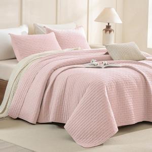 CozyTide Oversized King Quilt 120x120,Stone-Washed Cotton Blush Lightweight Oversized King Bedspread,3 Piece Light Pink Extra Large Modern California King Coverlet Set Ultra Soft