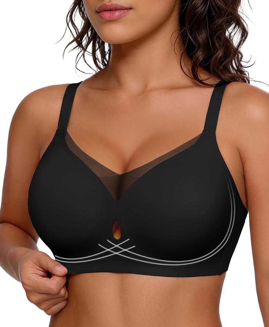 Popilush Wireless Bras for Women - Push Up Full Coverage Seamless Supportive Bra No Underwire Mesh Crossover T-Shirt Bralette L