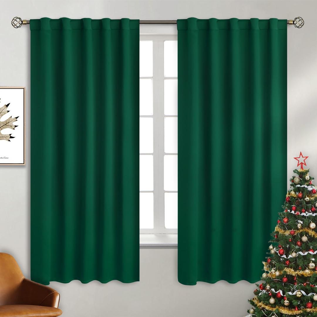 BGment Rod Pocket and Back Tab Blackout Curtains for Bedroom - Christmas Emerald Green Thermal Insulated Room Darkening Curtains for Living Room, 2 Window Curtain Panels (42 x 63 Inch)