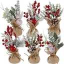 winemana 6 Pcs Mini Christmas Tree Table Decorations, 9" Small Artificial Trees with Red Berries Pine Cone Tabletop Centerpiece for Home Office Room Holiday Decorations