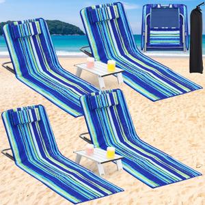 Beeveer 4 Pcs Beach Lounge Chair for Adult with 2 Pack Folding Tables Portable Adjustable Lightweight Reclining Lounge Beach Chair for Lawn Patio Sunbathing Tanning Picnic BBQ Camping