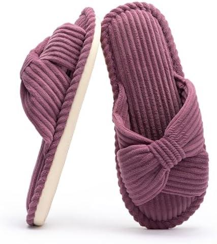 Chantomoo Slippers for Women Memory Foam House Womens Slipper Slides Home Bedroom Bathroom Spa Open Toe Corduroy Bow Slippers Cozy Comfortable Size 39/40