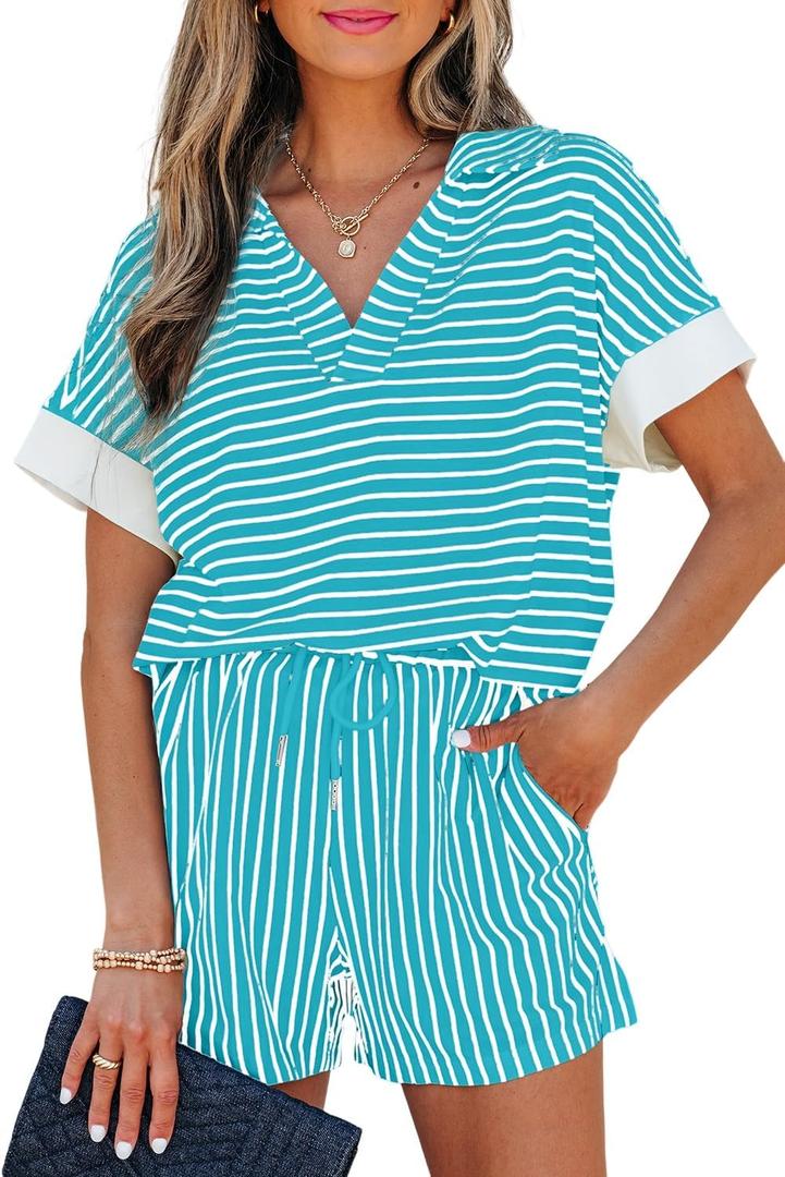 KevaMolly Womens Lounge Sets V Neck Tee and Casual Short Set Casual Pocket Decoration Two Piece Sets (Blue, M)