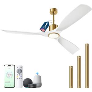 60 Inch Modern White and Gold Ceiling Fan with Lights, 3 Blade, Energy Efficient DC Motor, Smart App & Remote Control, 7230 CFM, 6 Speeds, 3 Light Colors, Indoor/Outdoor